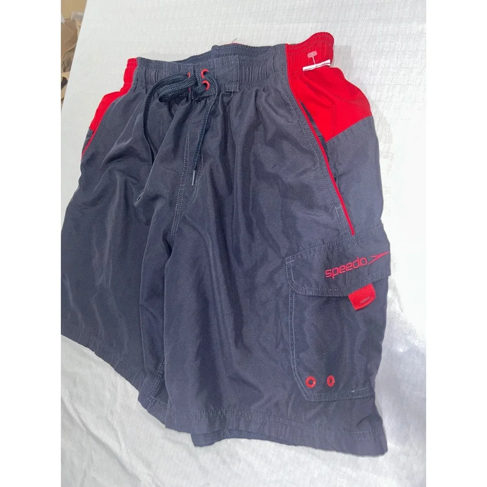 Speedo Mens Swim Trunks Gray Red Cargo Pocket MeshLined Board Shorts Size Medium